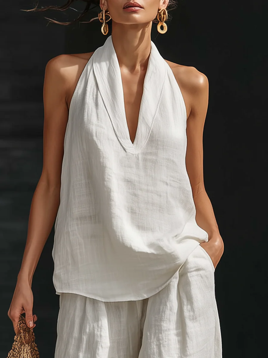 🔥Final 3 Hours: 50% OFF ！！！Casual Urban Style White Linen V-neck Sleeveless Top And Wide Leg Pants Set